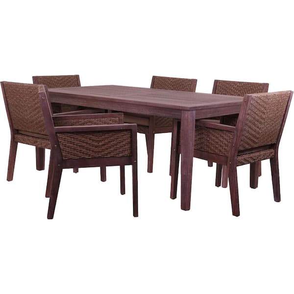 Courtyard Casual 7-Piece Wood Rectangle Outdoor Dining Set with Sunbrella Beige Cushions Buena Vista II Collection Rustic Taupe, Brown
