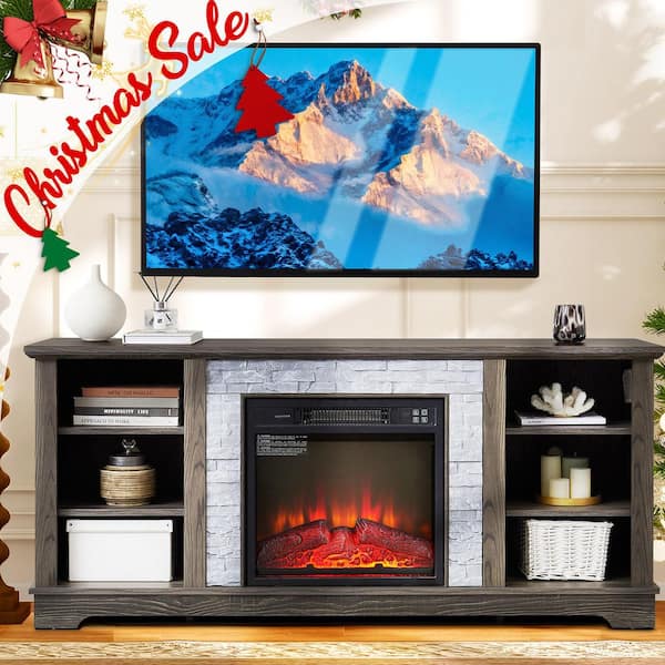 58.31 in. Freestanding TV Stand with 18 in. Electric Fireplace Insert, for TVs up to 65 in., Grey, Faux Stone Surround