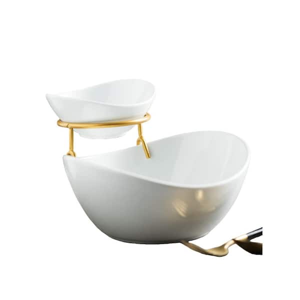 8 in. White Porcelain Chip Servers with 2 Compartment, Chip and Dip Taco Rack Display Salad Bar Serving Set, Gold Stand