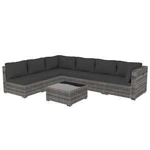 7-Piece Gray Wicker Patio Conversation Set with Dark Gray Cushions and Coffee Table