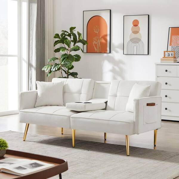 ZIRUWU 69.2 in. W Square Arm Fabric Straight Cupholder Convertible Sofa in  White, White Velvet Sofa Bed HYT-SFW58849088 - The Home Depot