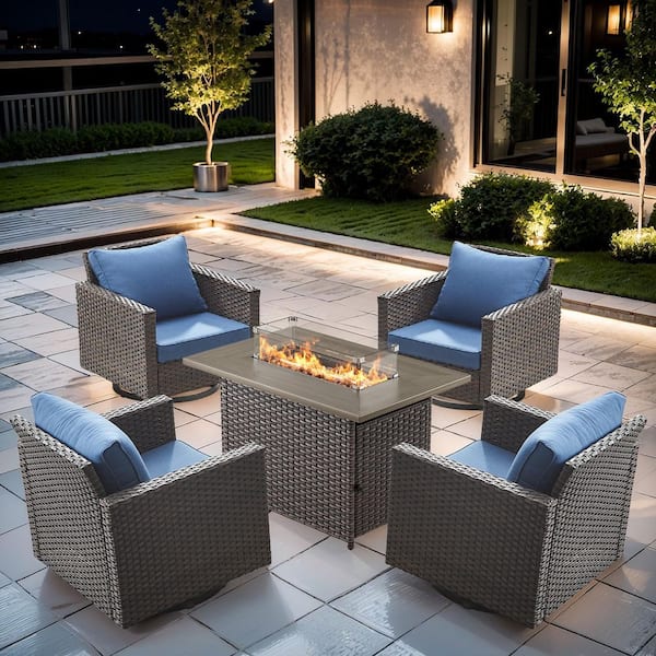 Gymojoy Valenta Brown 5-Piece Wicker Patio Swivel Rocking Chairs Set with Cushions, Coffee Table and Firepit Table