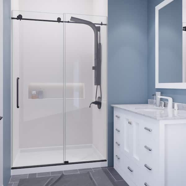 Madam Series 44 to 48 in. by 76 in. Frameless Sliding Shower Door in Gunmetal w/ Clear Tempered Glass and Tsunami Guard