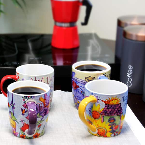 Birdhouse Floral Assorted Designs 18 oz. Cup (Set of 4)