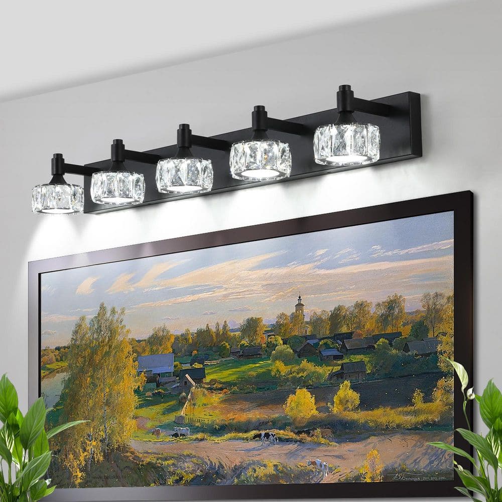 5-Light Matte Black LED Vanity Light Crystal Glass Shades with Sparkling Light Effects, High CRI 85 for Bathroom Vanity price history on PriceWatchPro
