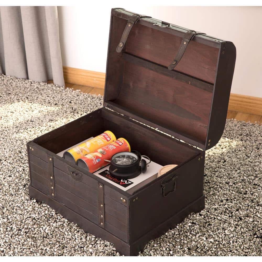 Antique Style Black Wooden Steamer Trunk Coffee Table with Leather Trimmings
