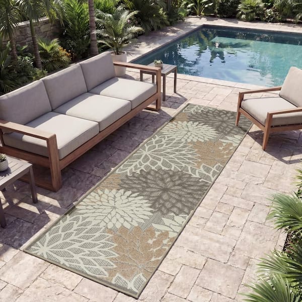 Aloha Natural 2 ft. x 6 ft. Kitchen Runner Floral Modern Indoor/Outdoor Patio Area Rug