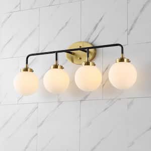 Caleb 30.75 in. 4-Light Contemporary Transitional Iron/Glass LED Vanity Light, Brass Gold/Black/White