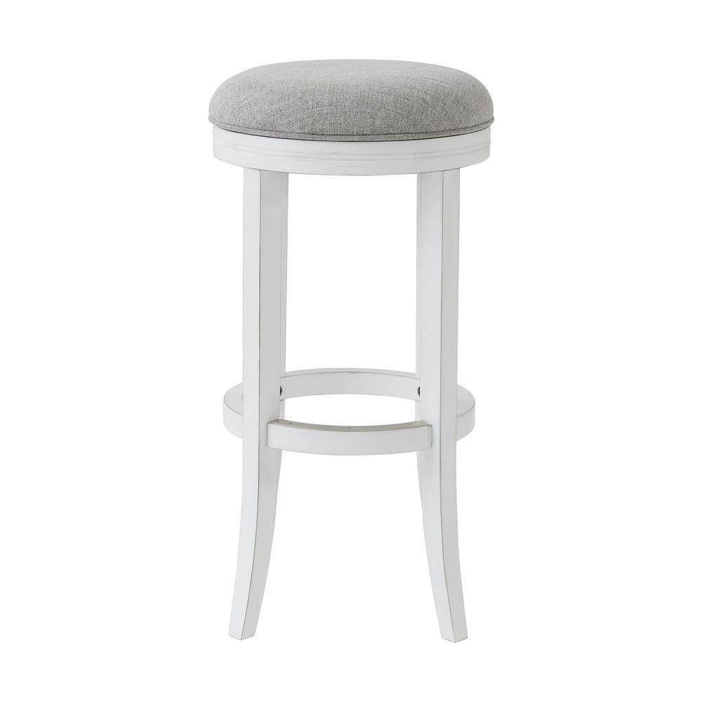 Avery 31 in. White Backless Wood Swivel Bar Stool with Upholstered Gray Sea