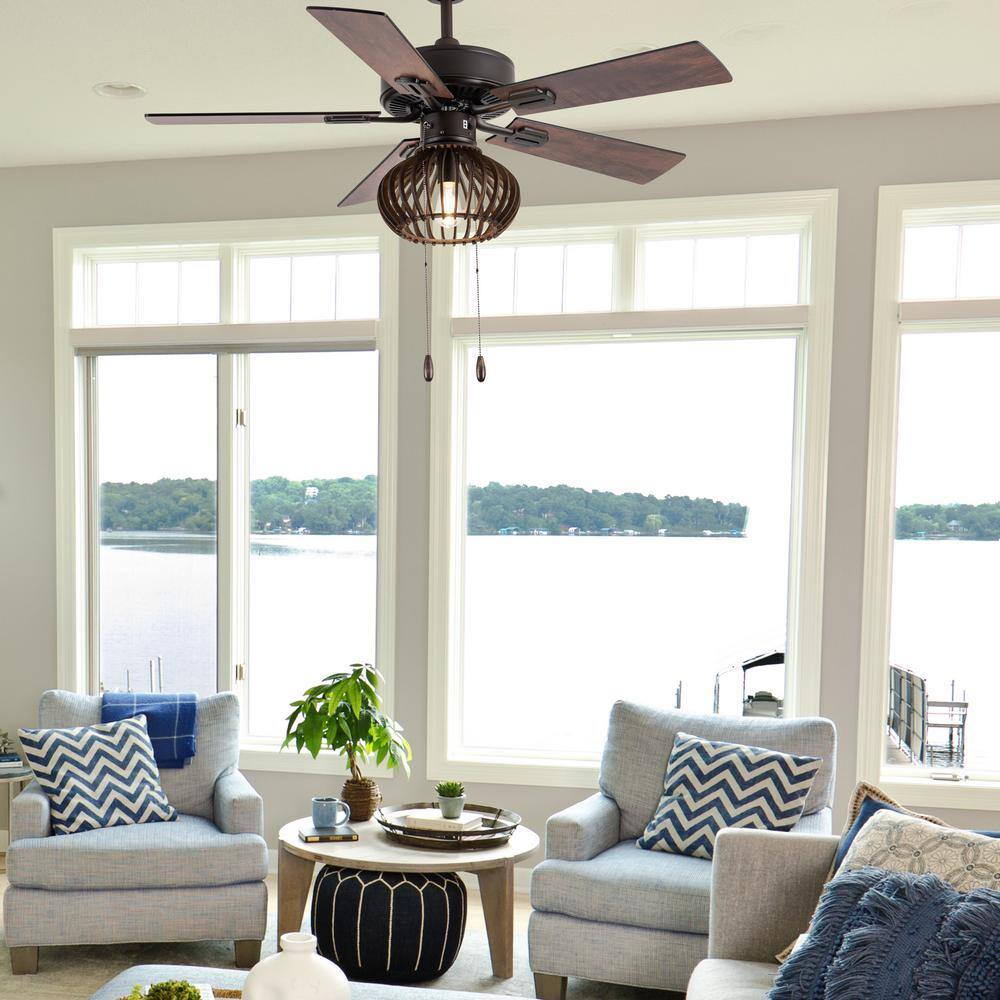 42-Inch Oil-Rubbed Bronze and Wood Caged Ceiling Fan with Light