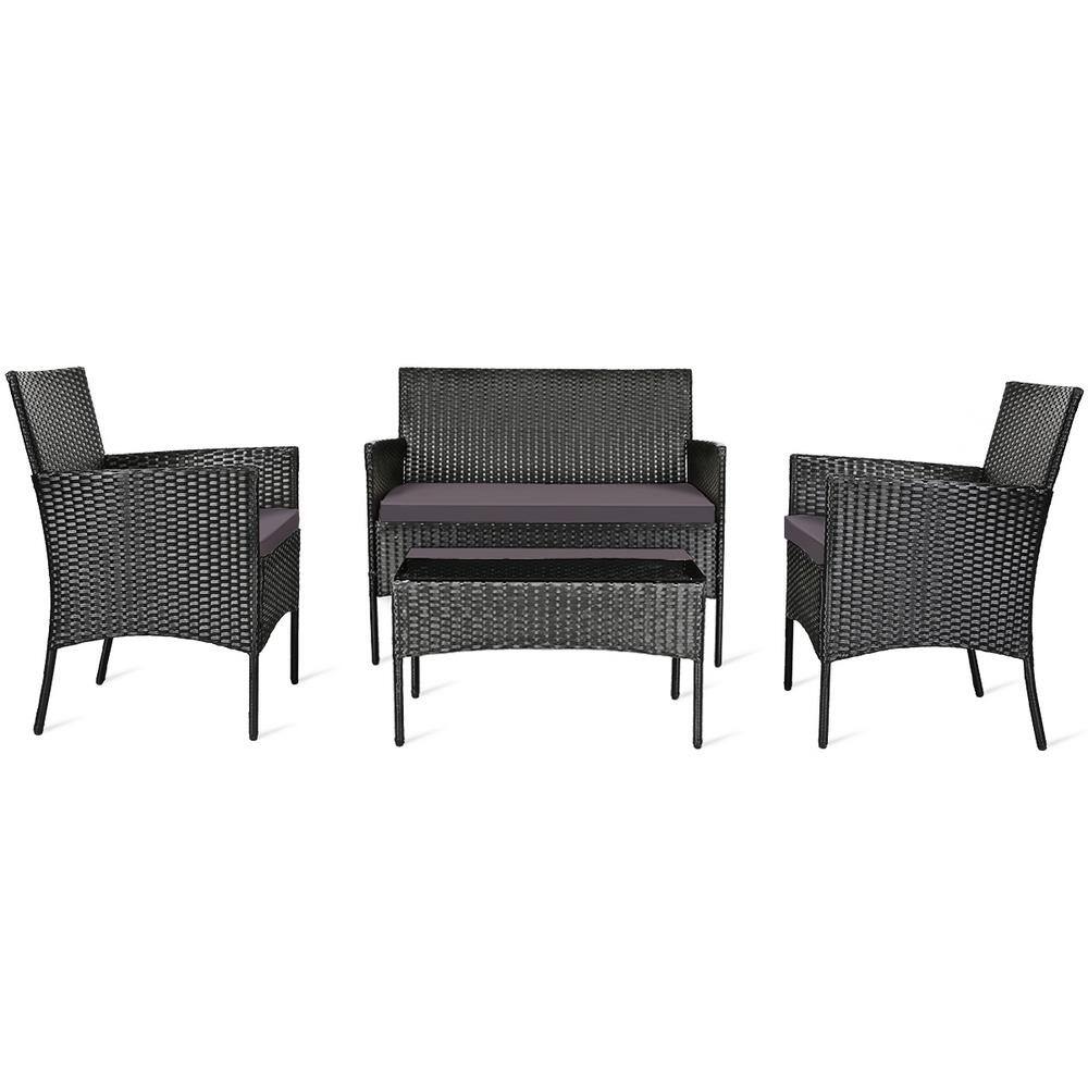 Gray and Off-White 4-Person Rattan Outdoor Sofa Set with Tempered Glass Table