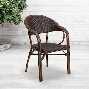 Metal Outdoor Dining Chair in Dark Brown Rattan/Red Bamboo-Aluminum Frame