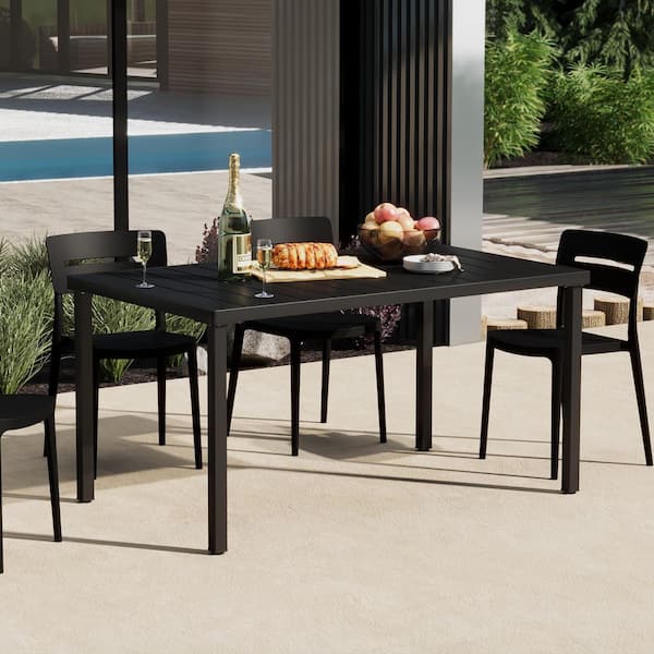 Frond and Form Modern Outdoor Patio 59 in. x 35.4 in. Rectangular Iron Dining Table, Black