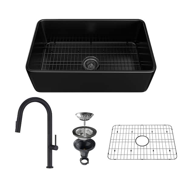 30 in. Undermount Farmhouse Single Bowl Black Fine Fireclay Workstation Kitchen Sink with Faucet and Accessories
