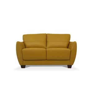 57 in. Mustard Leather Solid Color Leather 2-Seater Loveseat with Black Solid Manufactured Wood Legs