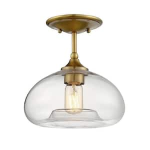Meridian 10.75 in. W x 10.5 in. H 1-Light Natural Brass Semi-Flush Mount Ceiling Light with Clear Glass Shade