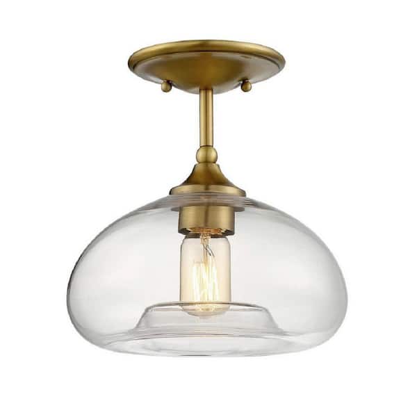 TUXEDO PARK LIGHTING 10.75 in. W x 10.5 in. H 1-Light Natural Brass Semi-Flush Mount Ceiling Light with Clear Glass Shade