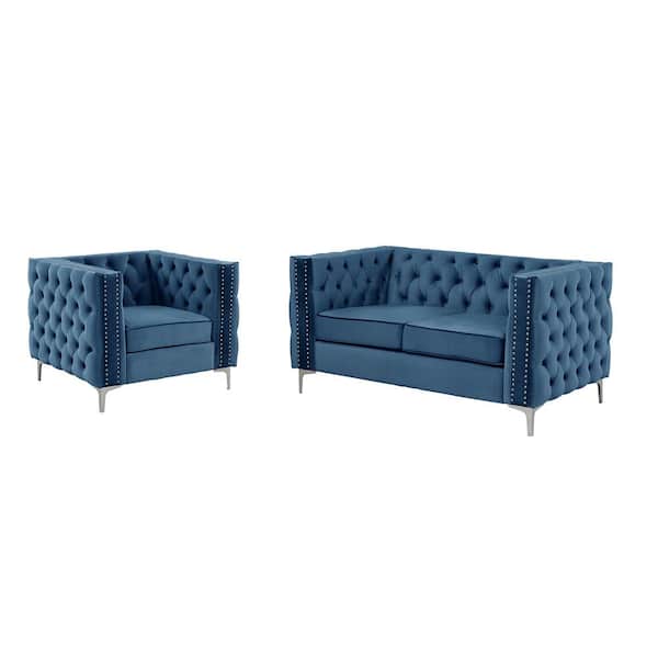 Morden Fort Modern 2-Pieces Chair and Loveseat Couch Set with Dutch Velvet Top Iron Legs in Blue