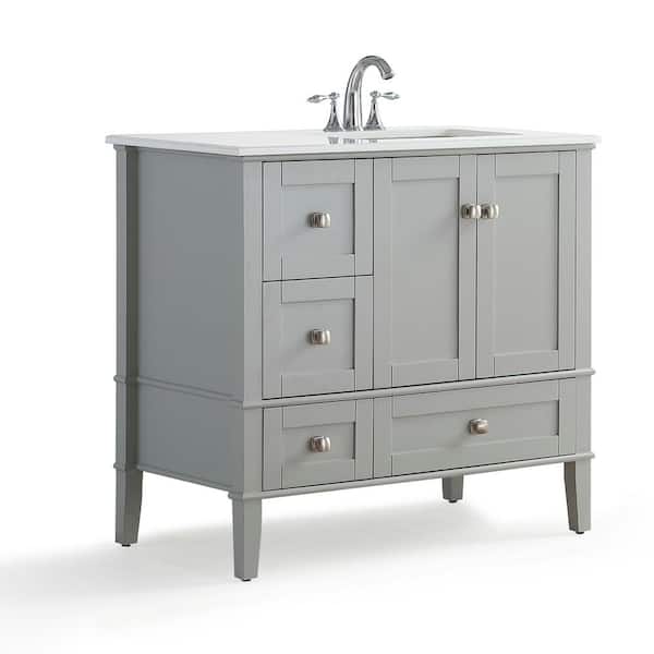 Simpli Home Chelsea 36 in. W x 21.5 in. D x 34.7 in. H Bath Vanity in Grey with Quartz Marble Vanity Top in White with White Basin