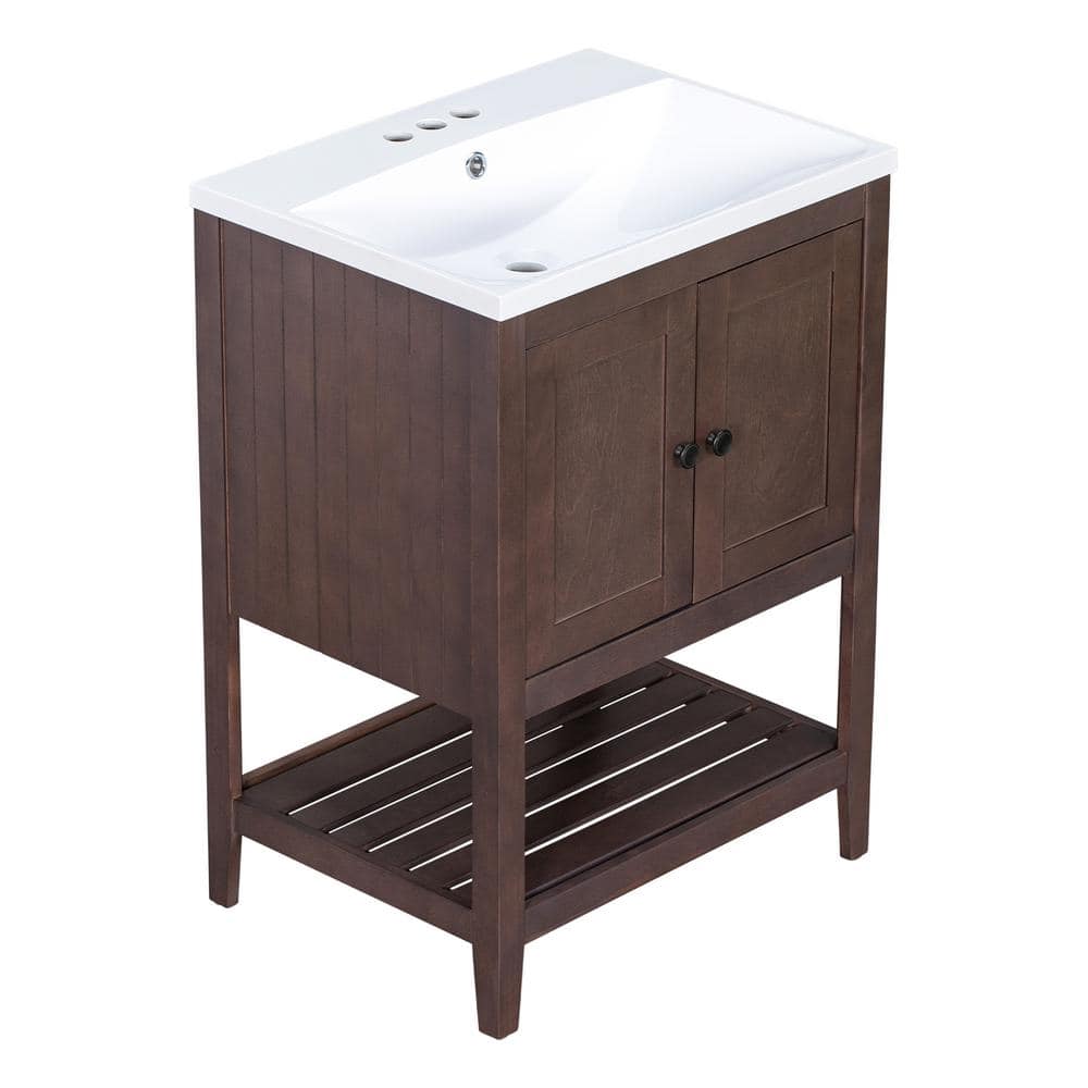 24" Brown Solid Wood Bath Vanity with White Ceramic Sink