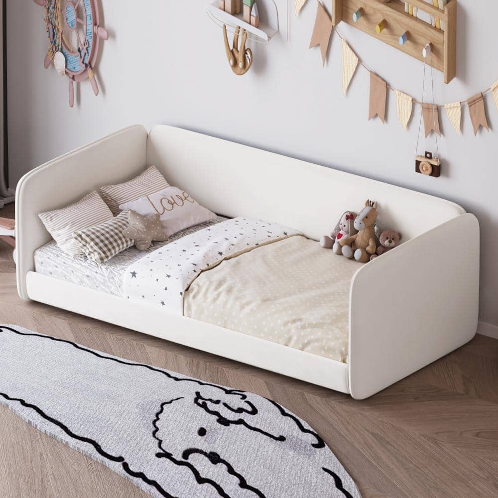 Beige Velvet Upholstered Frame Twin Size Platform Bed with Protective Sides