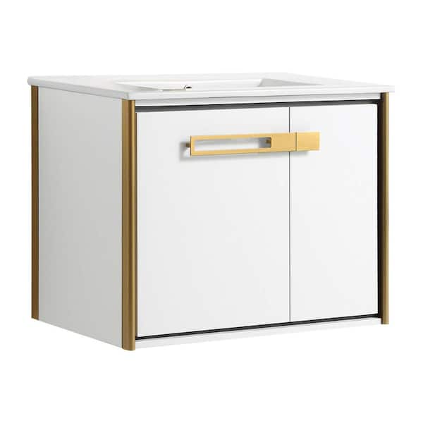 FINE FIXTURES Oakville 30 in. W x 18 in. D x 23.25 in. H Wall Mounted Bathroom Vanity in Matte White with White Ceramic Sink Top