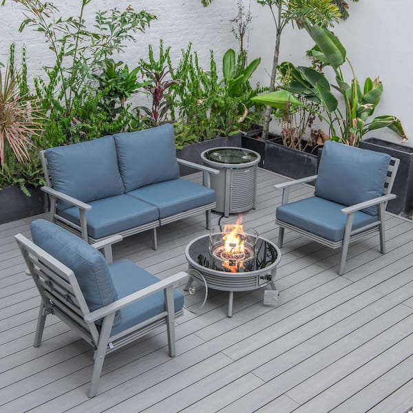 Leisuremod Walbrooke Grey 5-Piece Aluminum Round Patio Fire Pit Set with Navy Blue Cushions, Slats Design, Tank Holder
