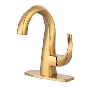 Single Handle High Arc Single Hole Bathroom Faucet with Deckplate Included and Drain Kit included in Brushed Gold