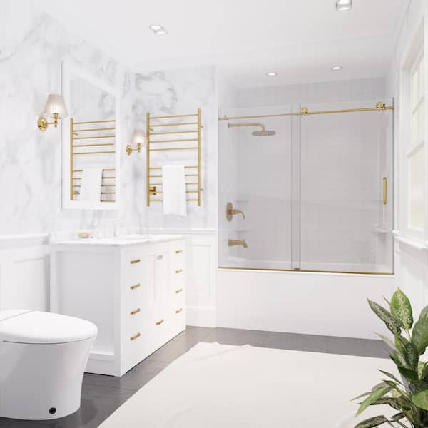 Raymore 60 in. W x 62 in. H Sliding Frameless Bathtub Door in Brushed Gold with Clear Glass