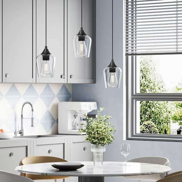 60-Watt 1 Light Matte Black Shaded Pendant Light Kitchen Island with Glass Shade E26 Base and Adjustable Cable (3-Pack)