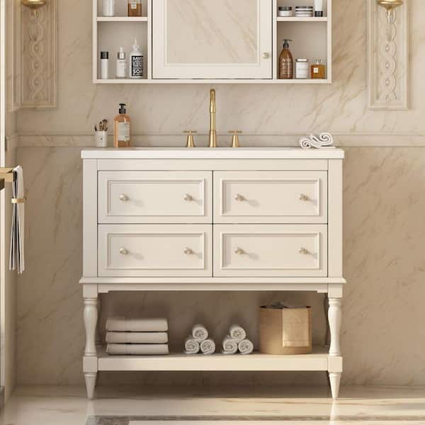 36 in. W x 18 in. D x 34 in. H Single Sink Freestanding Bath Vanity in Beige with White Ceramic Top