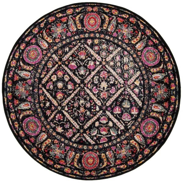 Adirondack 6 ft. x 6 ft. Round Black/Fuchsia Maximalist Bohemian Floral Lattice Area Rug