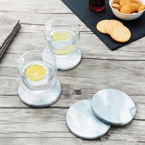 White Polished Marble Drink Coasters with Holder (Set of 4)