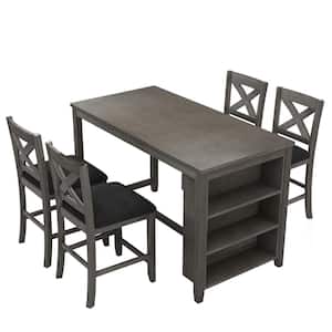 Gray 5-Piece Wood Counter Height Outdoor Dining Set in Rustic Farmhouse with Table Shelves, 4 Chairs and Black Cushions