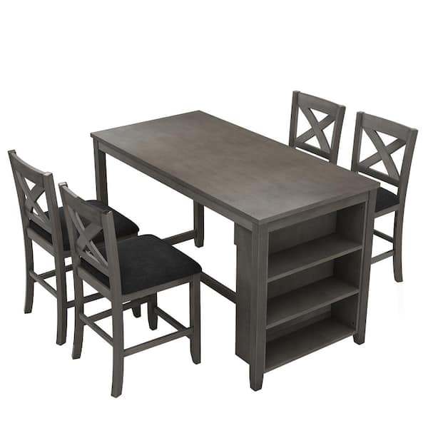 Unbranded Gray 5-Piece Wood Counter Height Outdoor Dining Set in Rustic Farmhouse with Table Shelves, 4 Chairs and Black Cushions