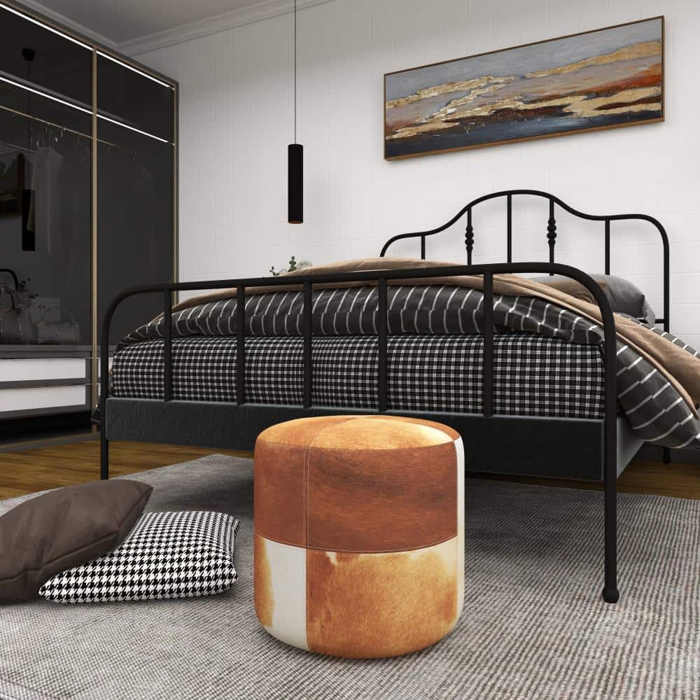 Handmade Patchwork Leather Cylinder Ottoman in Brown - 16" x 16" x 16"