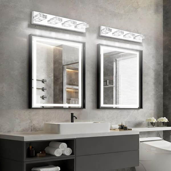 24.4 in. 4-Light Chrome LED Bathroom Vanity Light with Bubble Crystal Lampshade