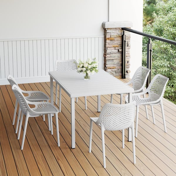 Frond and Form Modern Outdoor Patio 7-Piece Rectangular Iron Table Dining Set w/ Plastic Stackable Chairs, White