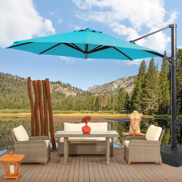 Sonkuki 11 ft. Round Aluminum 360° Rotation Cantilever Offset Outdoor Patio Umbrella with Base in Lake Blue
