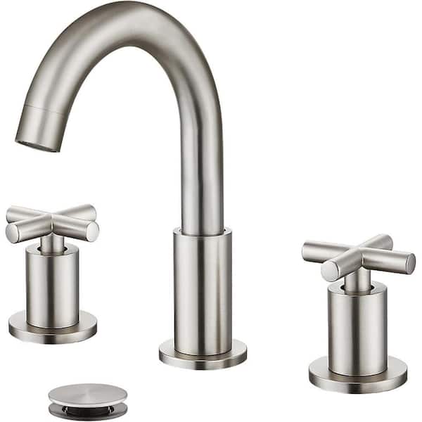2-Cross Handle 8 in. Widespread Vessel Sink Faucet Deck Mount with Pop Up Drain 360° Swivel Spout Brushed Nickel