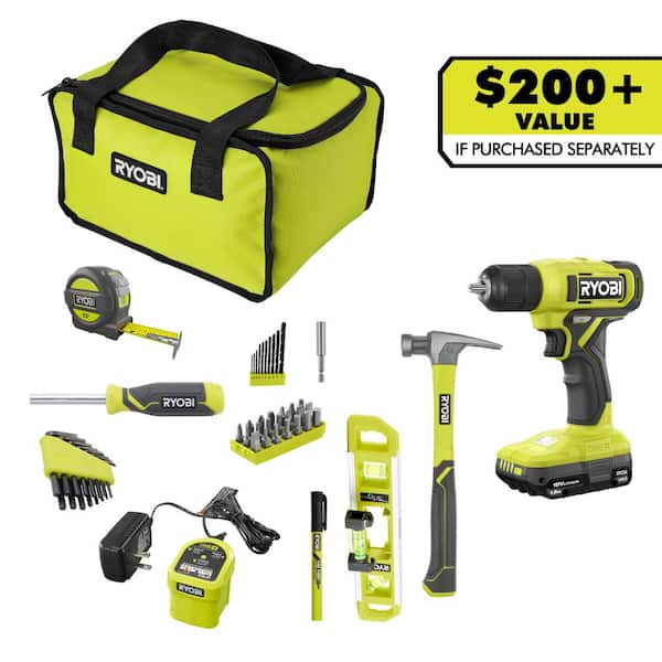 RYOBI ONE+ 18V Cordless 3/8 in. Drill Kit with 1.5 Ah Battery, Charger, and 53 Accessories