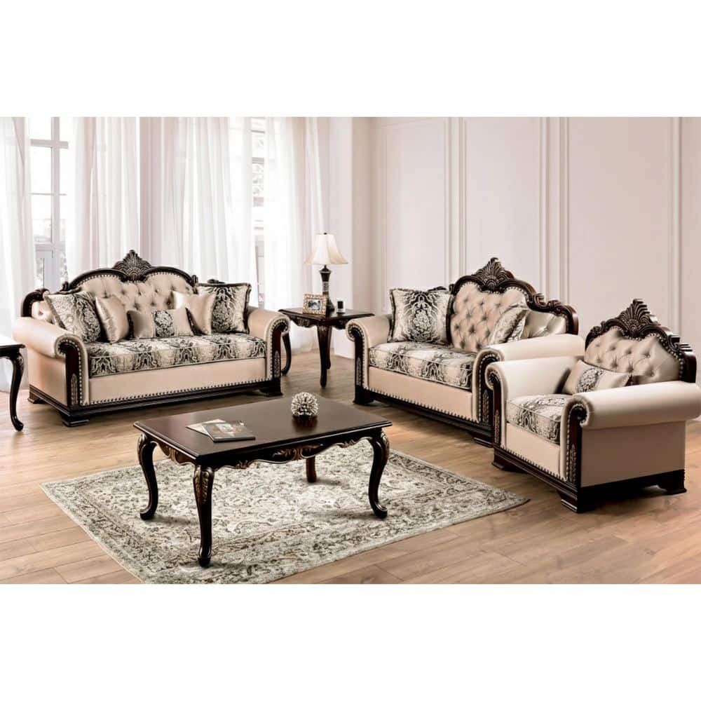 Escola Traditional 3-Piece Dark Cherry/Beige Fabric Button Tufted Living Room Set