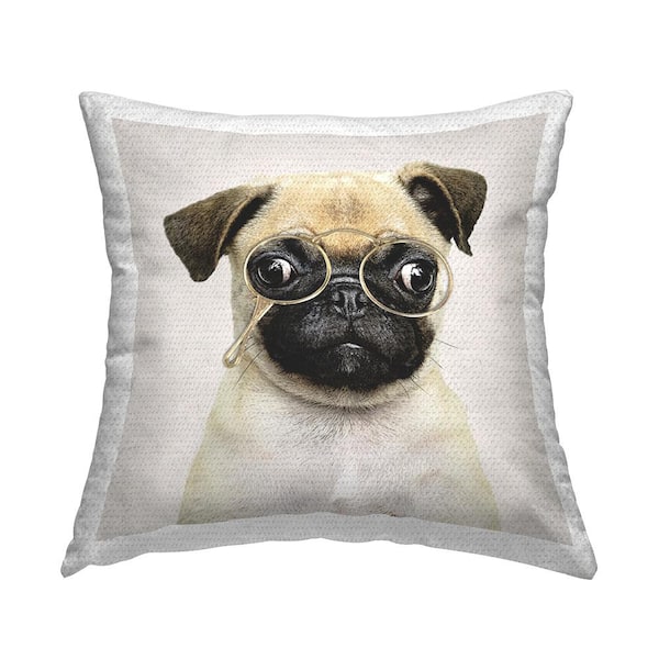 Funny Pug Glasses Dog Beige Square Outdoor Throw Pillow
