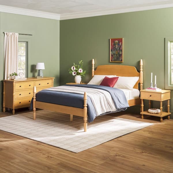 Modern Easy Assembly 4-Piece Solid Wood Natural 1-Drawer Nightstands and 6-Drawer Dresser with Queen Bed Bedroom Set