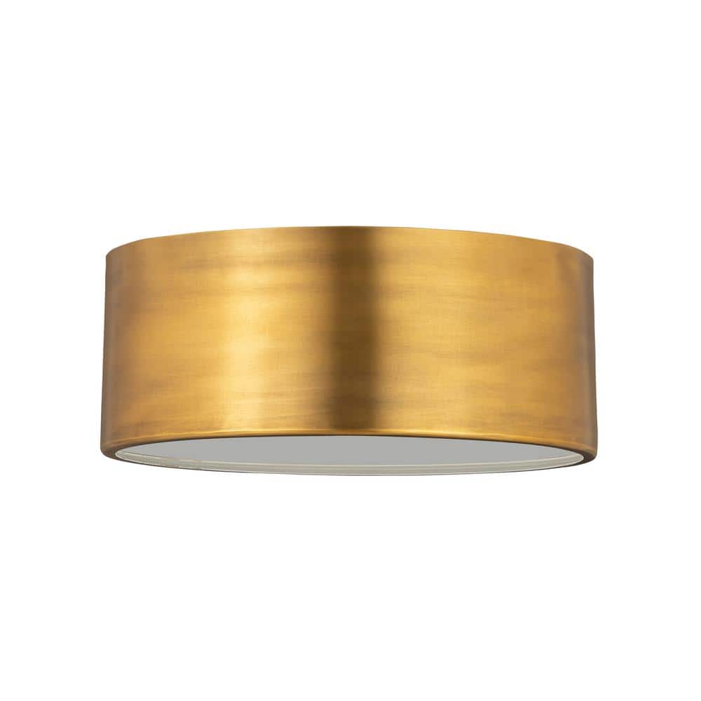 12" Rubbed Brass and Glass Drum LED Flush Mount Light