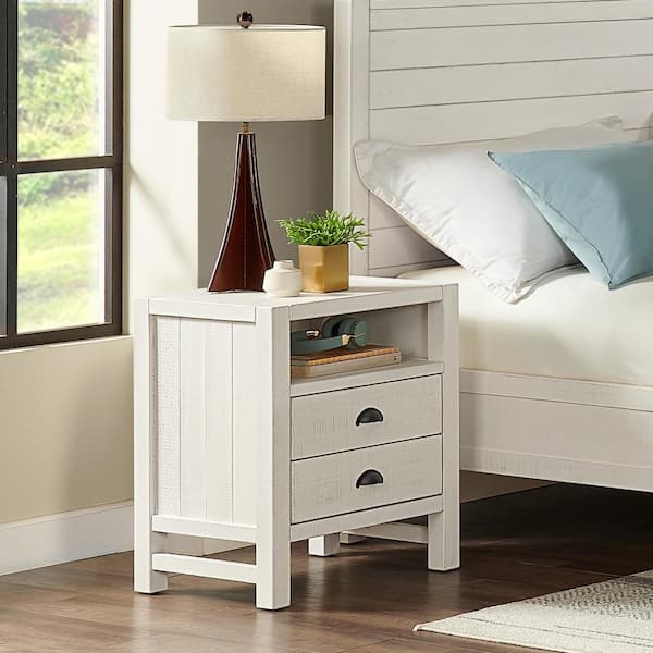 Alaterre Furniture Arden 2-Drawer Nightstand, Solid Pine Wood, Driftwood White Finish, Rustic Design with Black Metal Pulls