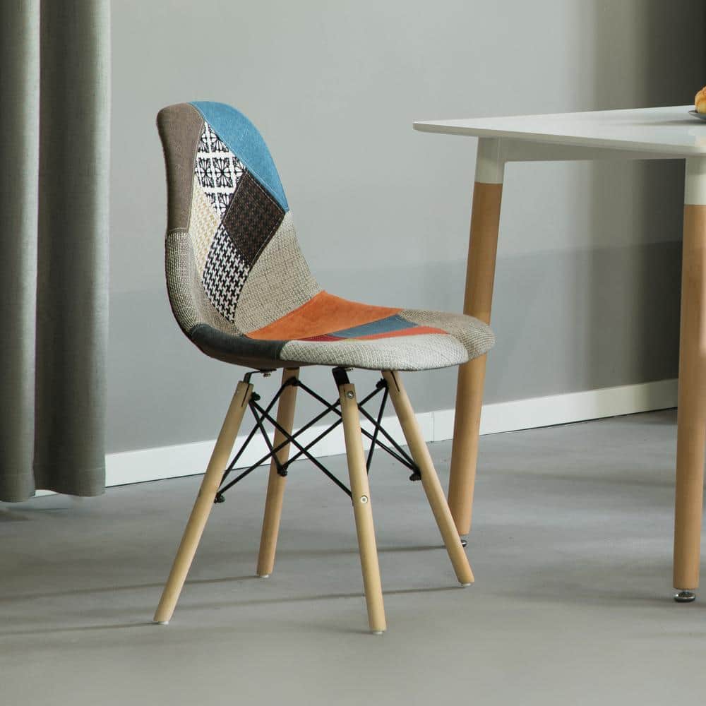 Multicolor Patchwork Upholstered Side Chair with Wooden Legs