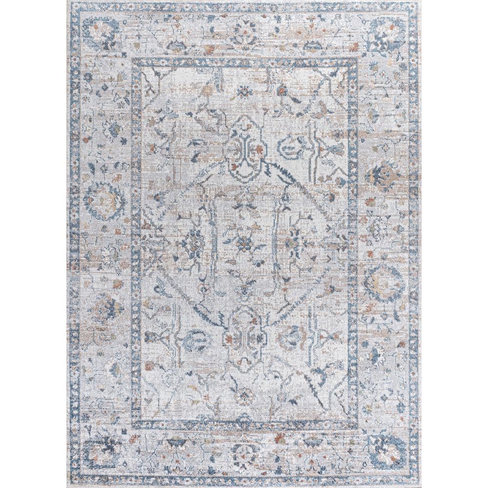Light Gray and Blue Low-Pile Machine-Washable Rectangular Rug