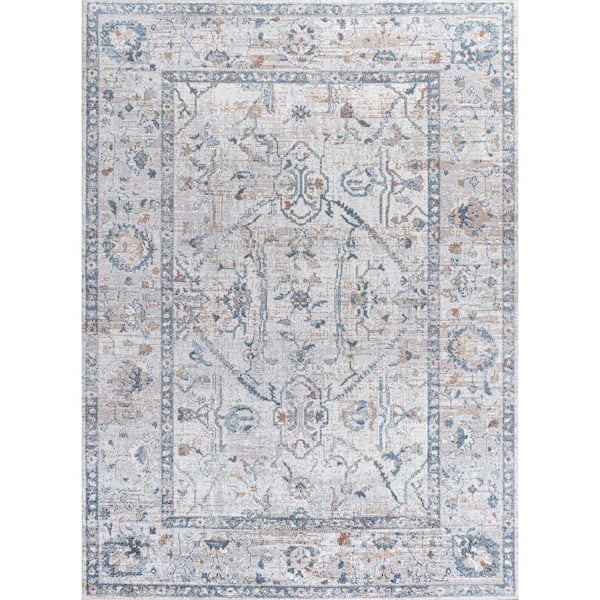 Brandy Gray/Blue 4 ft. x 6 ft. Rustic Border Low-Pile Machine-Washable Light Area Rug