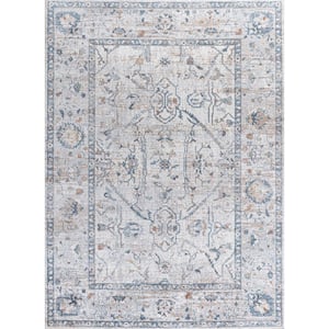 Brandy Rustic Border Low-Pile Machine-Washable Light Gray/Blue 8 ft. x 10 ft. Area Rug